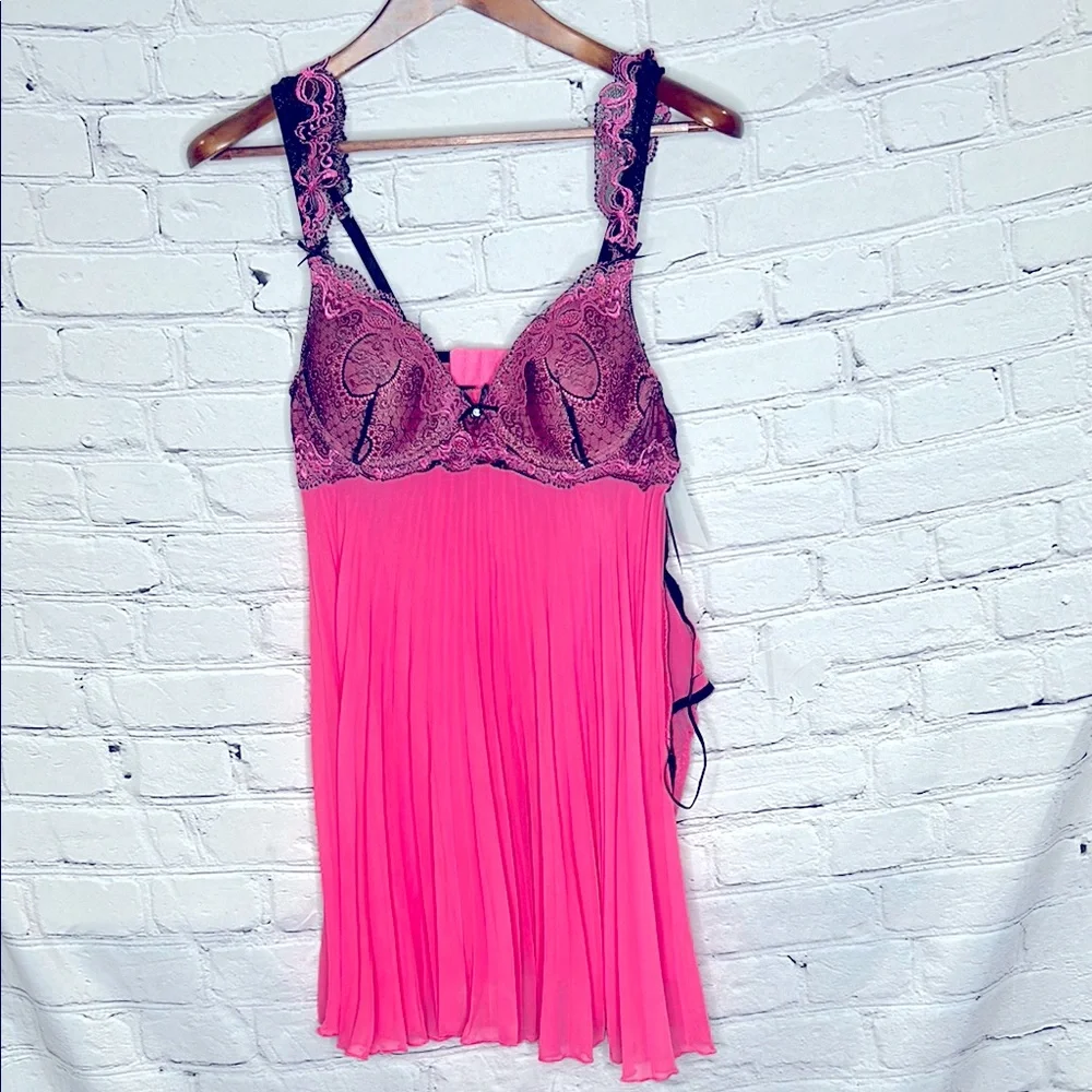 Cinema Etoile Pleated Chiffon Molded Cup Baby Doll Lingerie Matching Thong Set